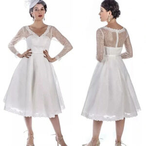 NWT Unique Vintage White Lace Midi Wedding Dress